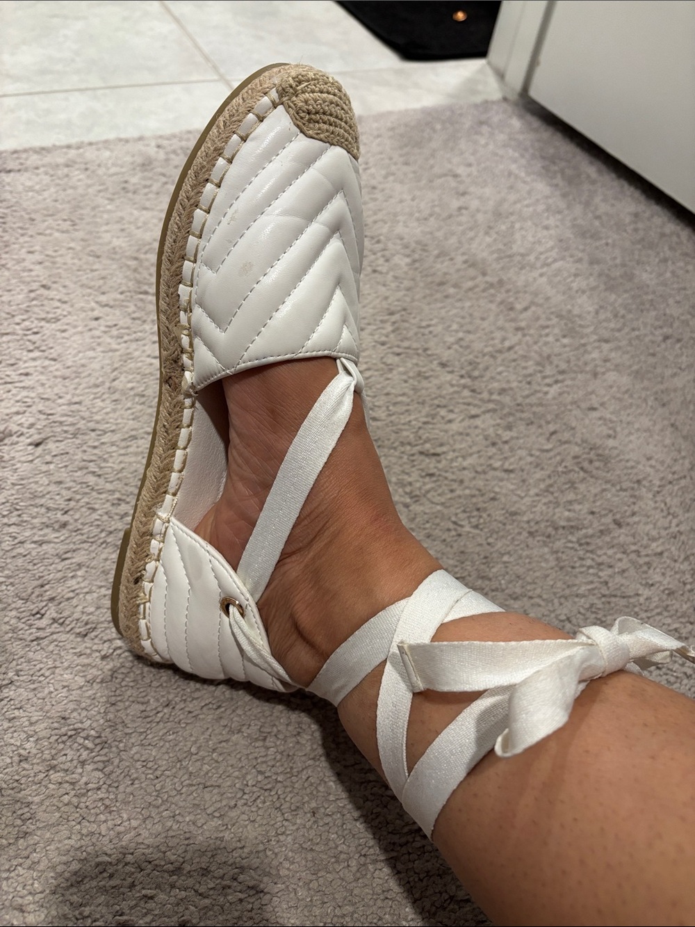 White Quilted Espadrille Lace-Up Flats